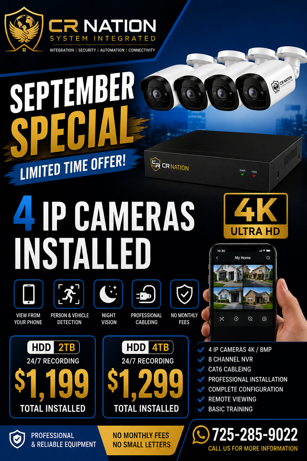 September special: four 4K IP cameras installed, with 2TB or 4TB recording options and no monthly fees